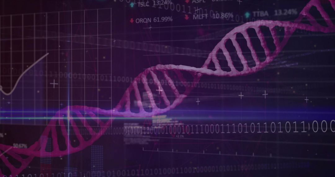 Futuristic Magenta DNA Helix with Binary Code and Data Charts