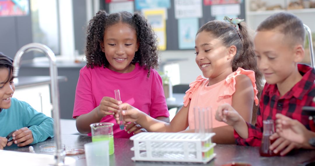 Diverse Group of Young Students Conducting Exciting Chemistry Experiment