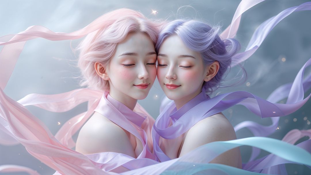 Twins in Dreamlike Haze with Swirling Ribbons and Sparkles