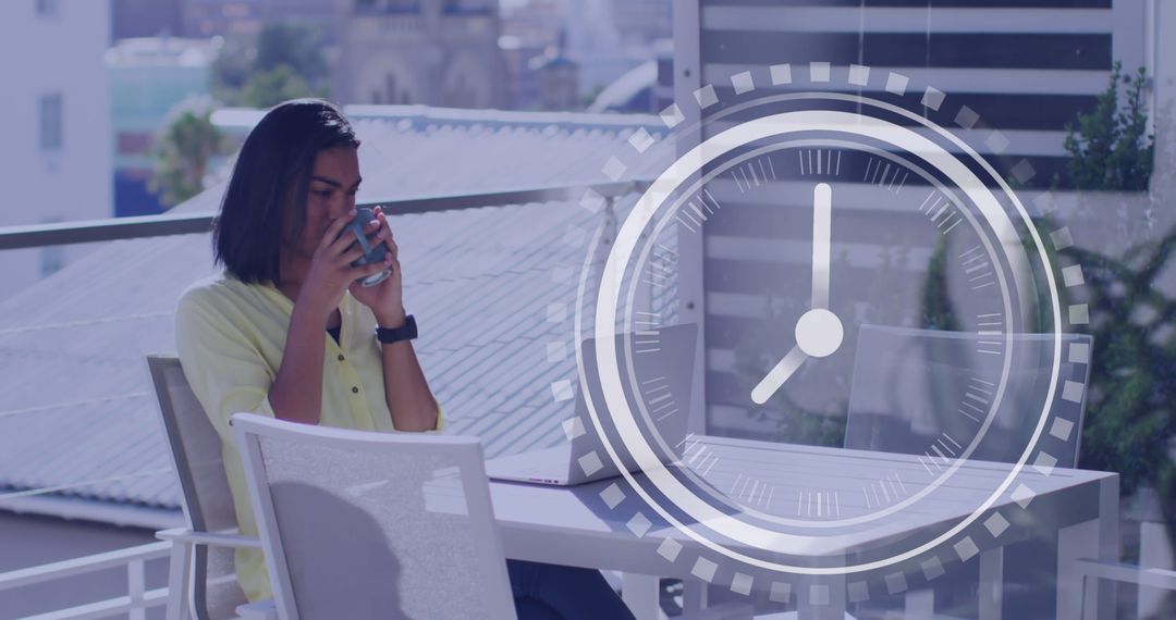 Woman Using Laptop with Futuristic Digital Clock Hologram Overlay