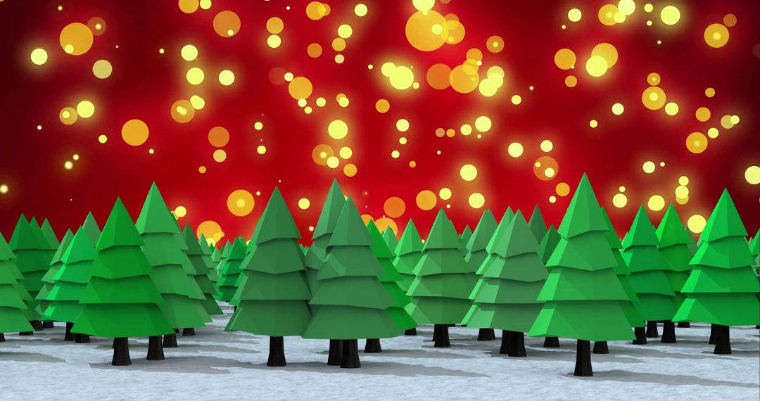 Festive Winter Scene with Christmas Trees Against Red Bokeh