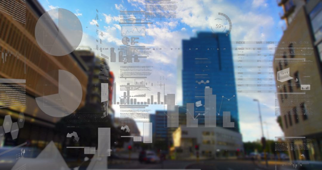 Cityscape Overlayed with Data and Graph Visualizations