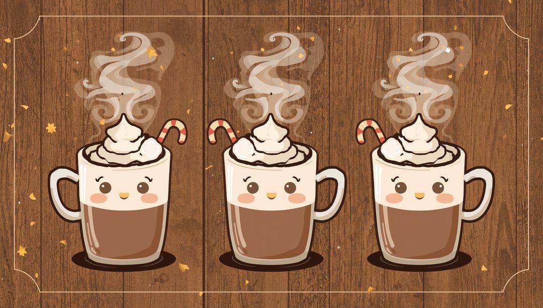 Three Smiling Hot Cocoa Mugs with Whipped Cream and Candy Canes on Wood Planks