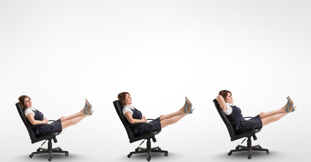 Multiple image of businesswoman sitting on office chair against white background - Free Images, Stock Photos and Pictures on Pikwizard.com