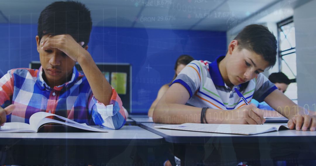 Focused Students Concentrating During Lesson with Financial Overlay