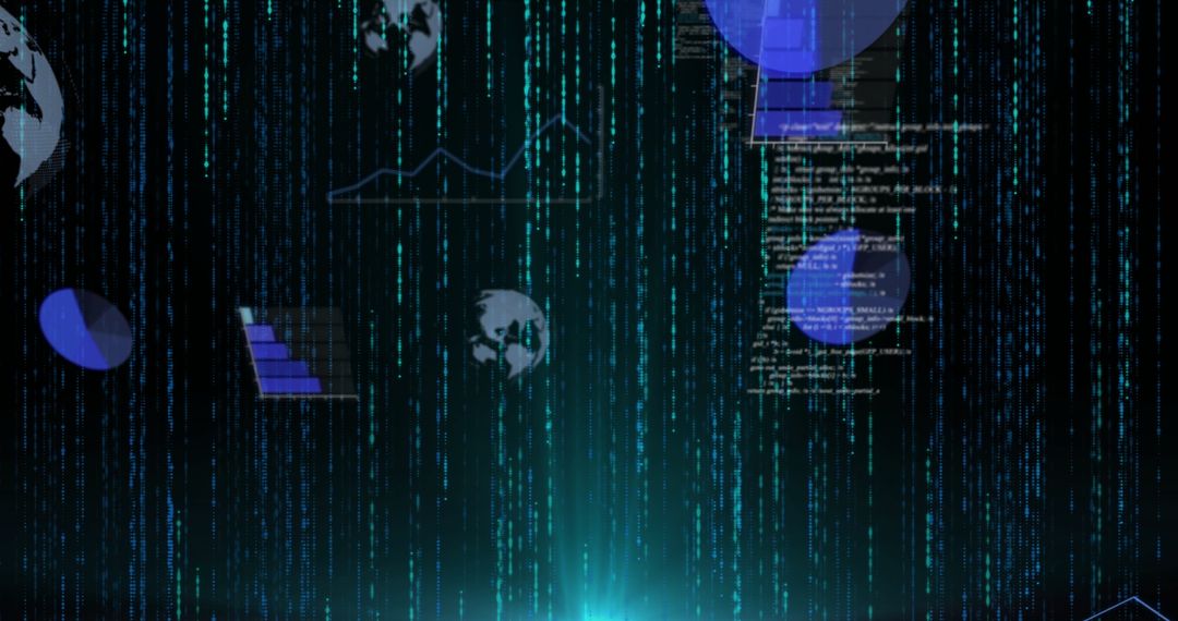 Futuristic Digital Interface with Streaming Code and Analytics Elements