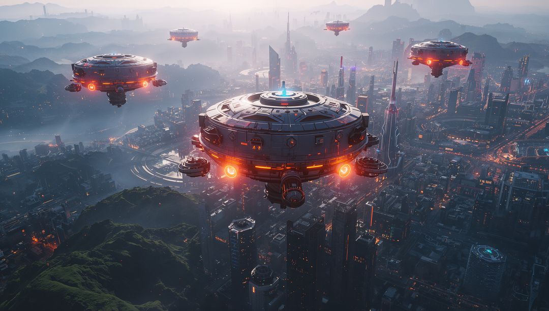 Futuristic Hovering Spacecraft Over Metropolis