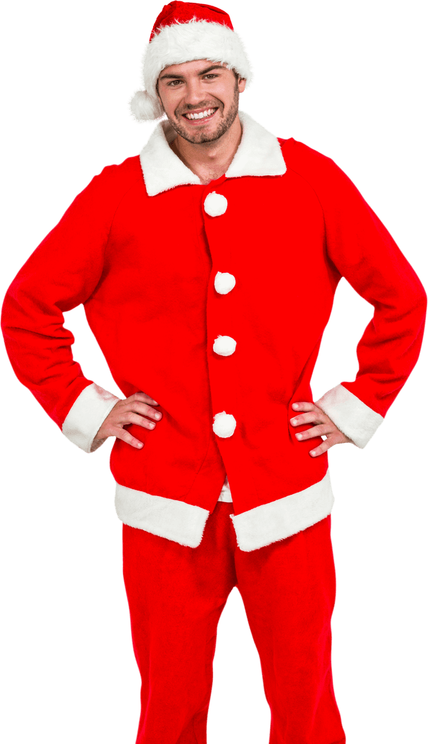 Happy Man in a Festive Santa Costume on Transparent Background