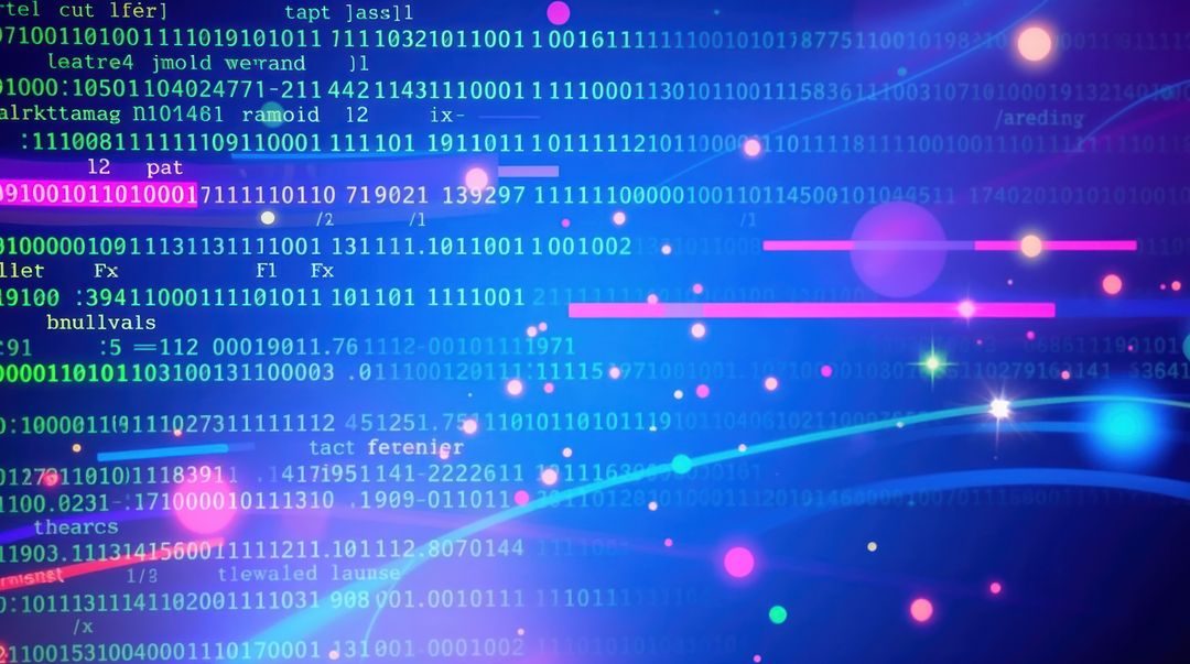 Futuristic Digital Visualization with Binary Code and Neon Orbs