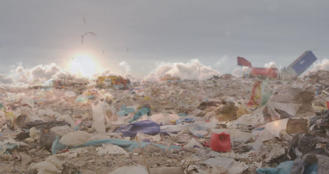 Sunset Over Expansive Dump Site Reflecting Pollution