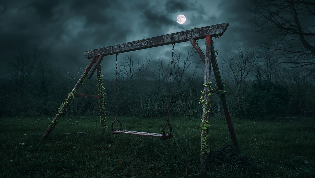 Abandoned Swing Set in Moonlit Overgrown Field at Night