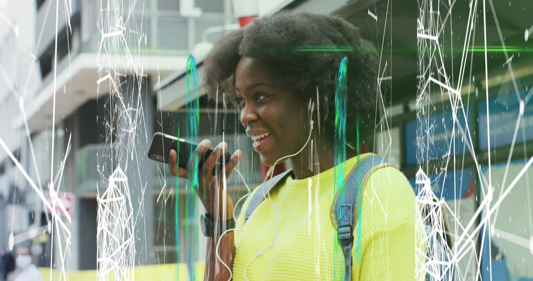 Woman Communicating via Smartphone with Abstract Overlay