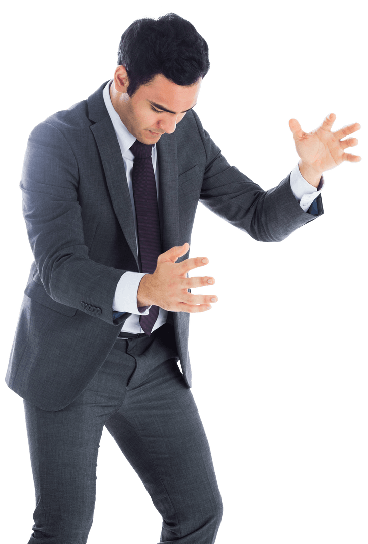 Transparent Businessman Gesturing with Hands in Open Position