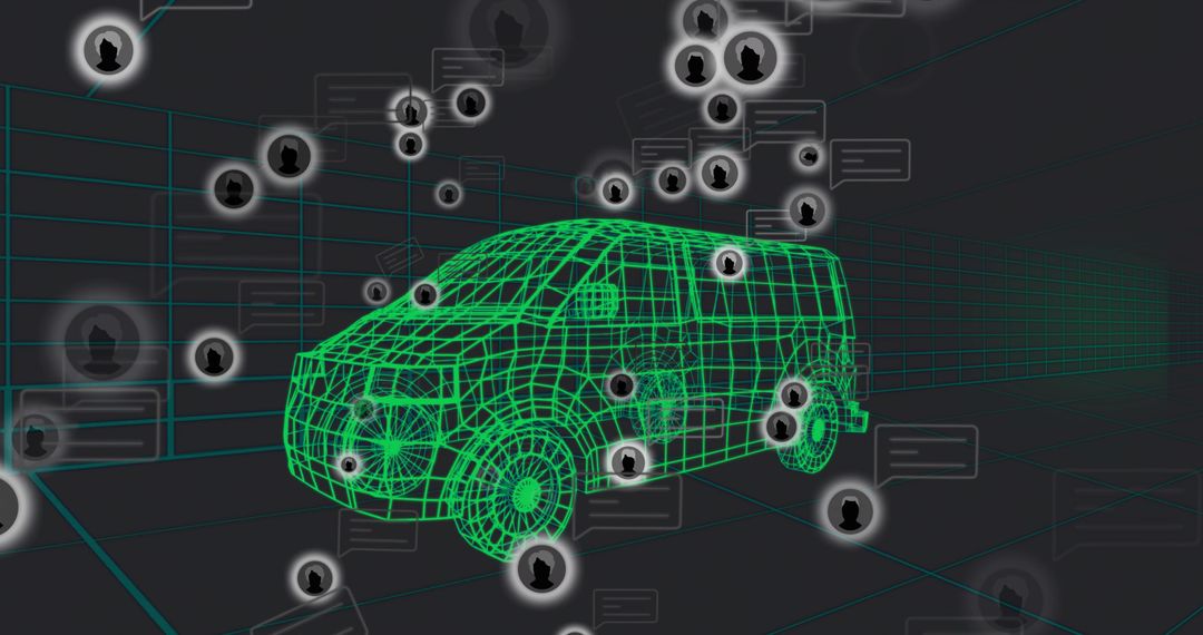 Neon Wireframe Van Moving Through 3D Grid with Floating Avatar Nodes and Network Telemetry