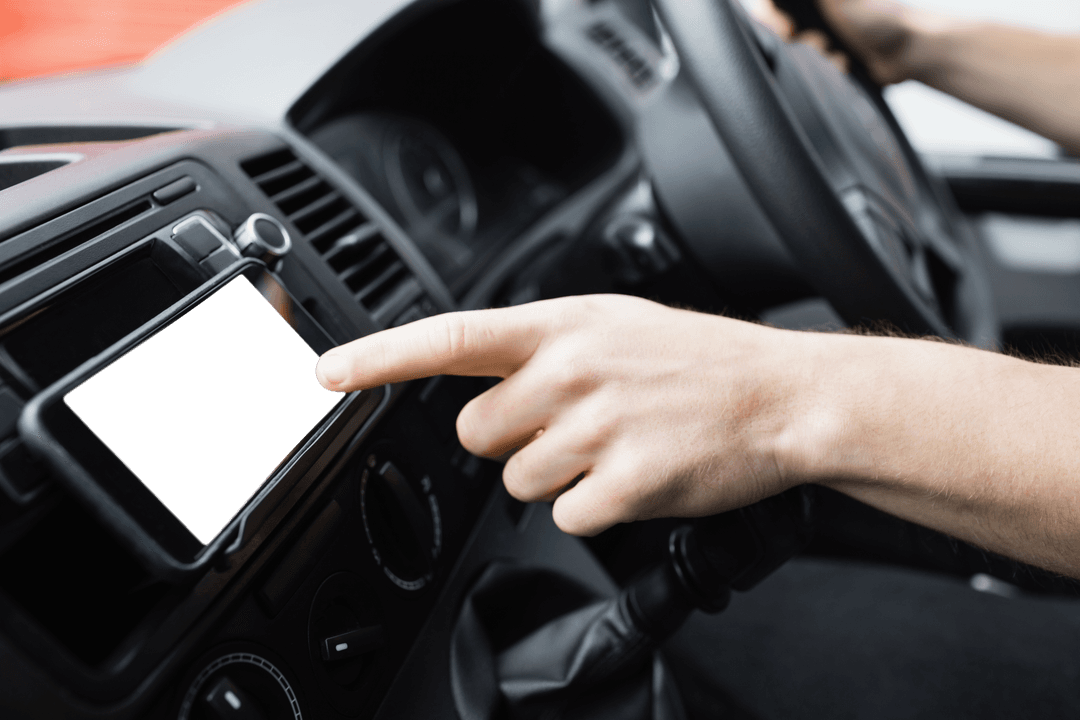Transparent Image of Man Touching Smartphone in Modern Car