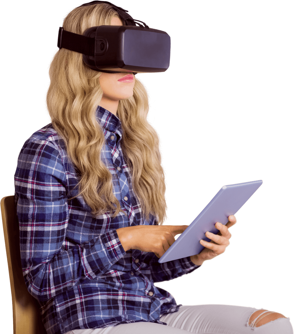 Transparent Young Woman Using VR Headset Working in Office