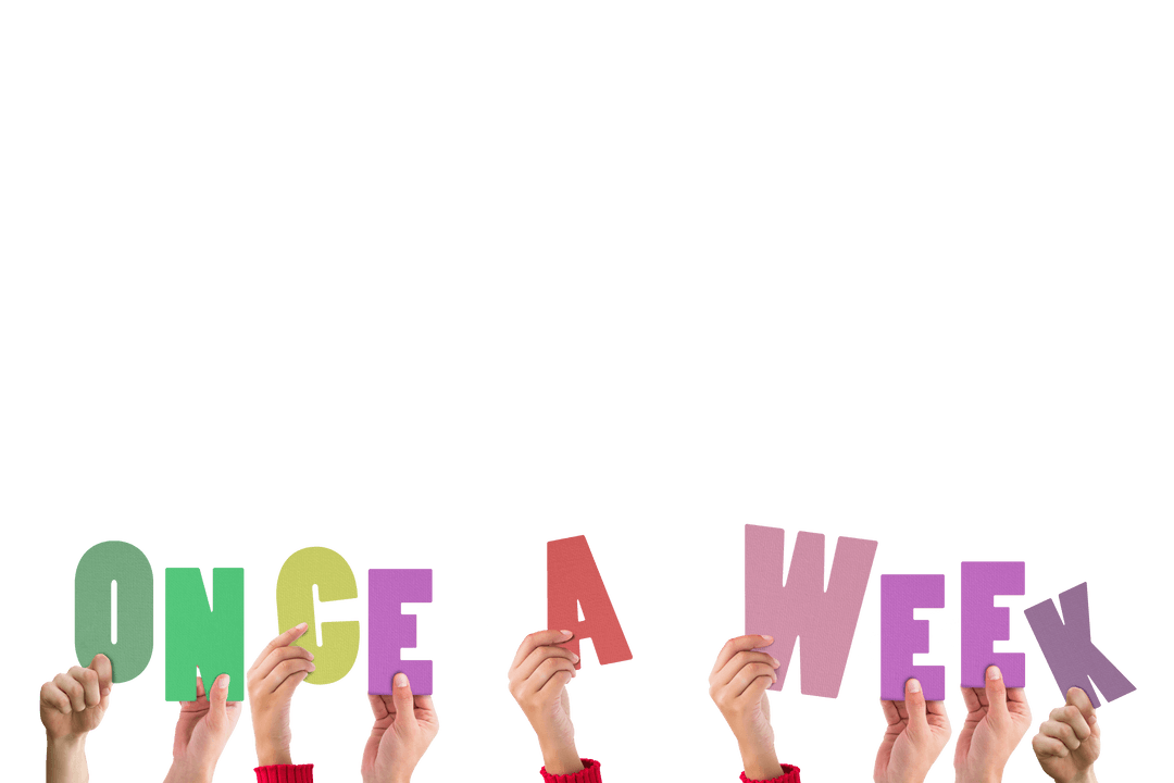 hands holding colorful once a week text on transparent background - Download Free Stock Images Pikwizard.com