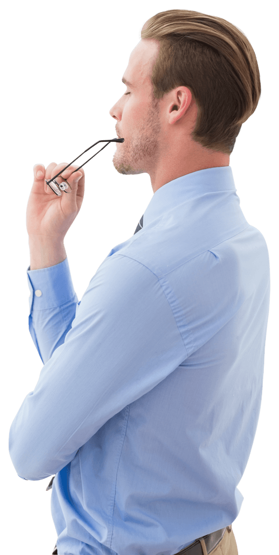 Thinking Caucasian Businessman Holding Pen on Transparent Background