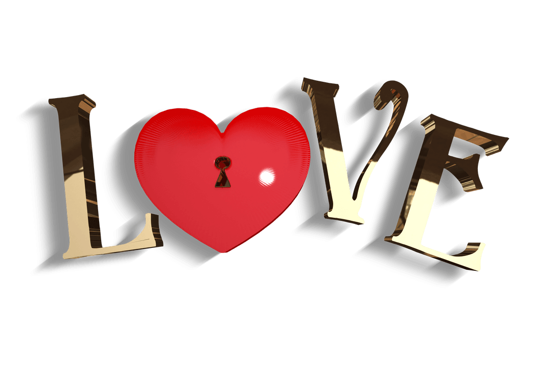 Gold Love Typeface with Heart Keyhole Design Transparent Background