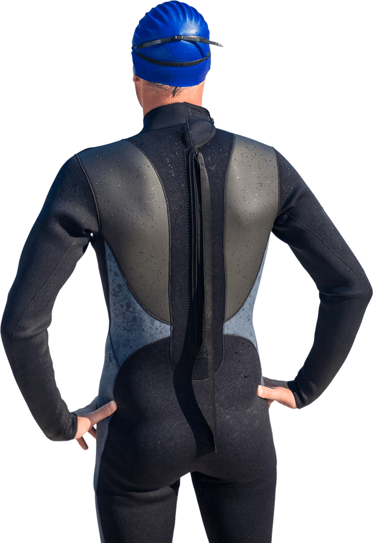 Back View of Swimmer in Wetsuit on Transparent Background