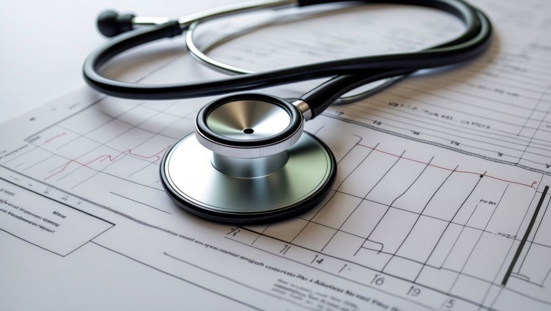 Stethoscope resting on cardiogram reports for healthcare analysis, cardiovascular diseases topic