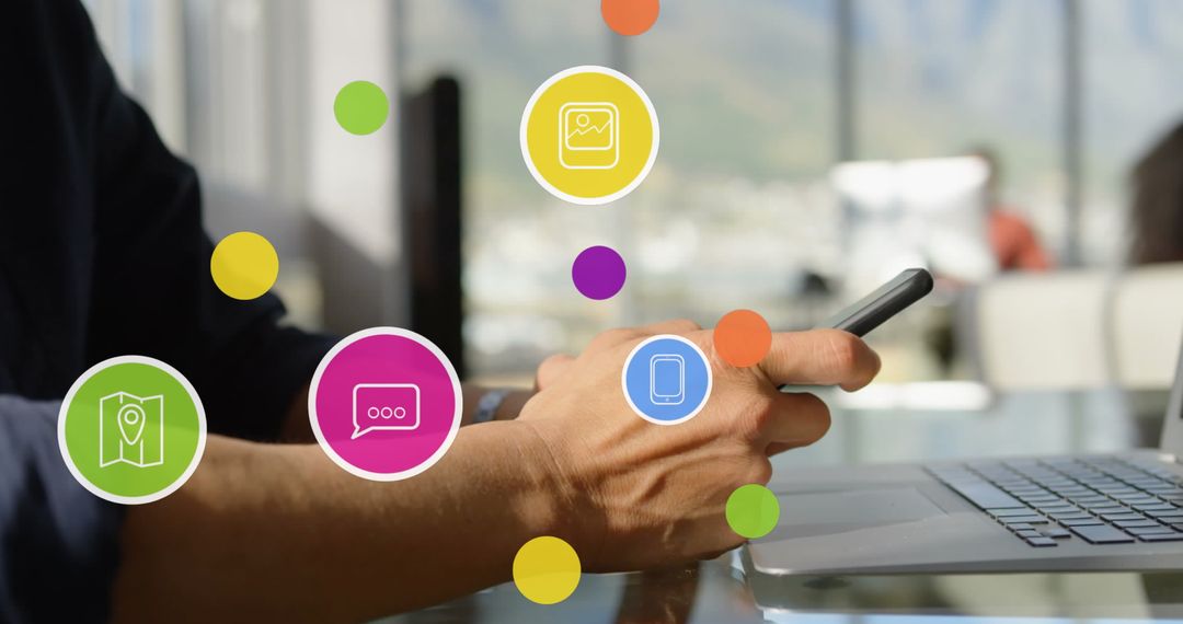 Connected Living: Man Using Smartphone with Media Icons