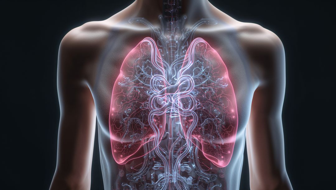 Translucent 3D Torso Highlighting Lungs, Bronchi and Trachea with Glowing Vascular Network