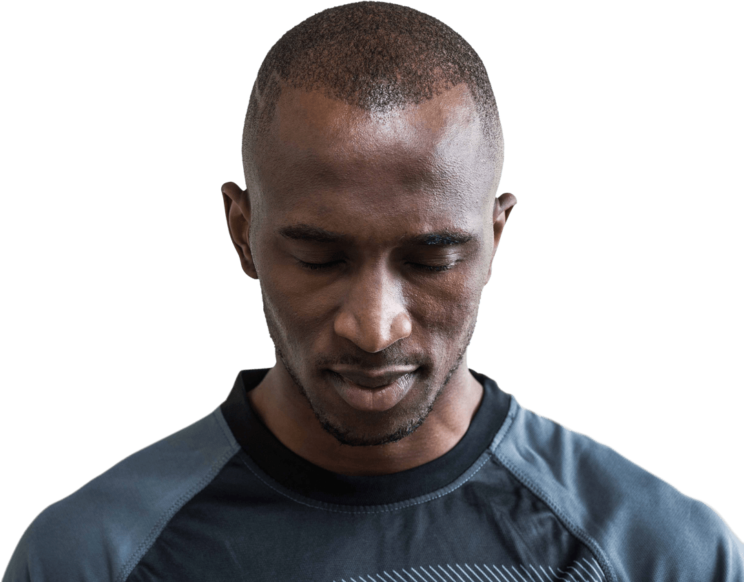 Transparent Focused Rugby Player in Black Jersey Looking Down