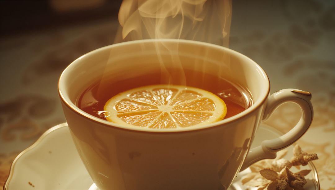 Steaming Teacup with Lemon Slice on Floral Decor