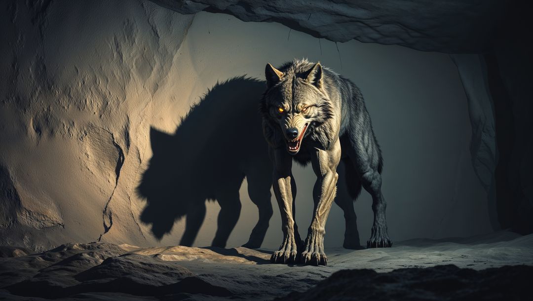 Aggressive grey werewolf snarling in dark cave