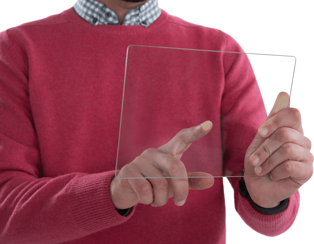 Man Holding Transparent Tablet Mid-Section View