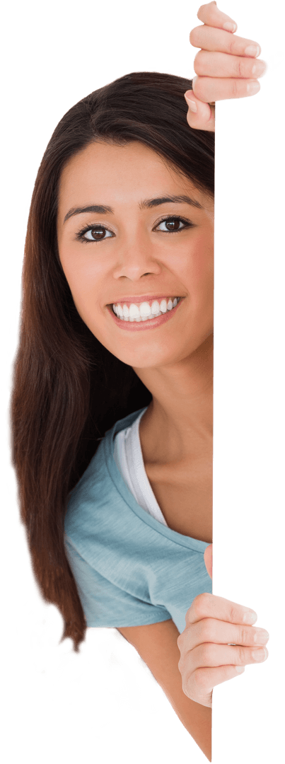 Smiling Woman Presenting Blank Transparent Card