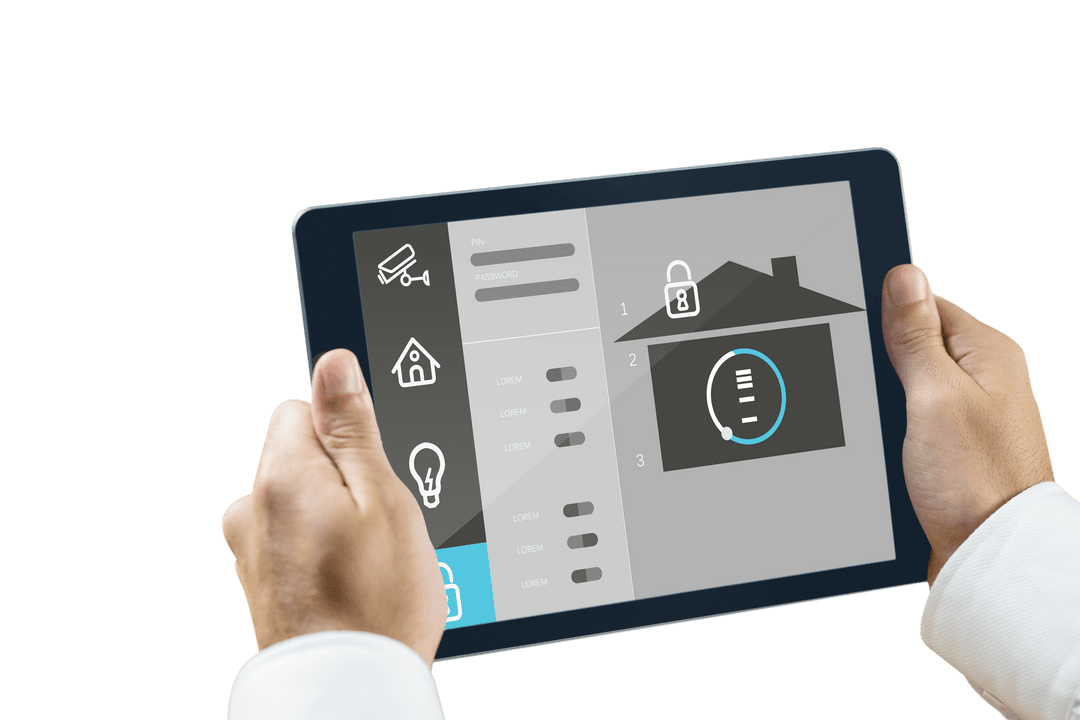 Man Holding Tablet Showing Smart Home Interface on Transparent Background