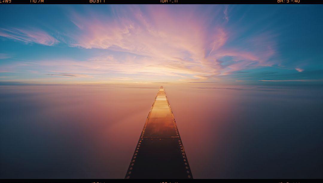 Extending film-strip walkway toward pastel horizon over calm ocean at sunrise
