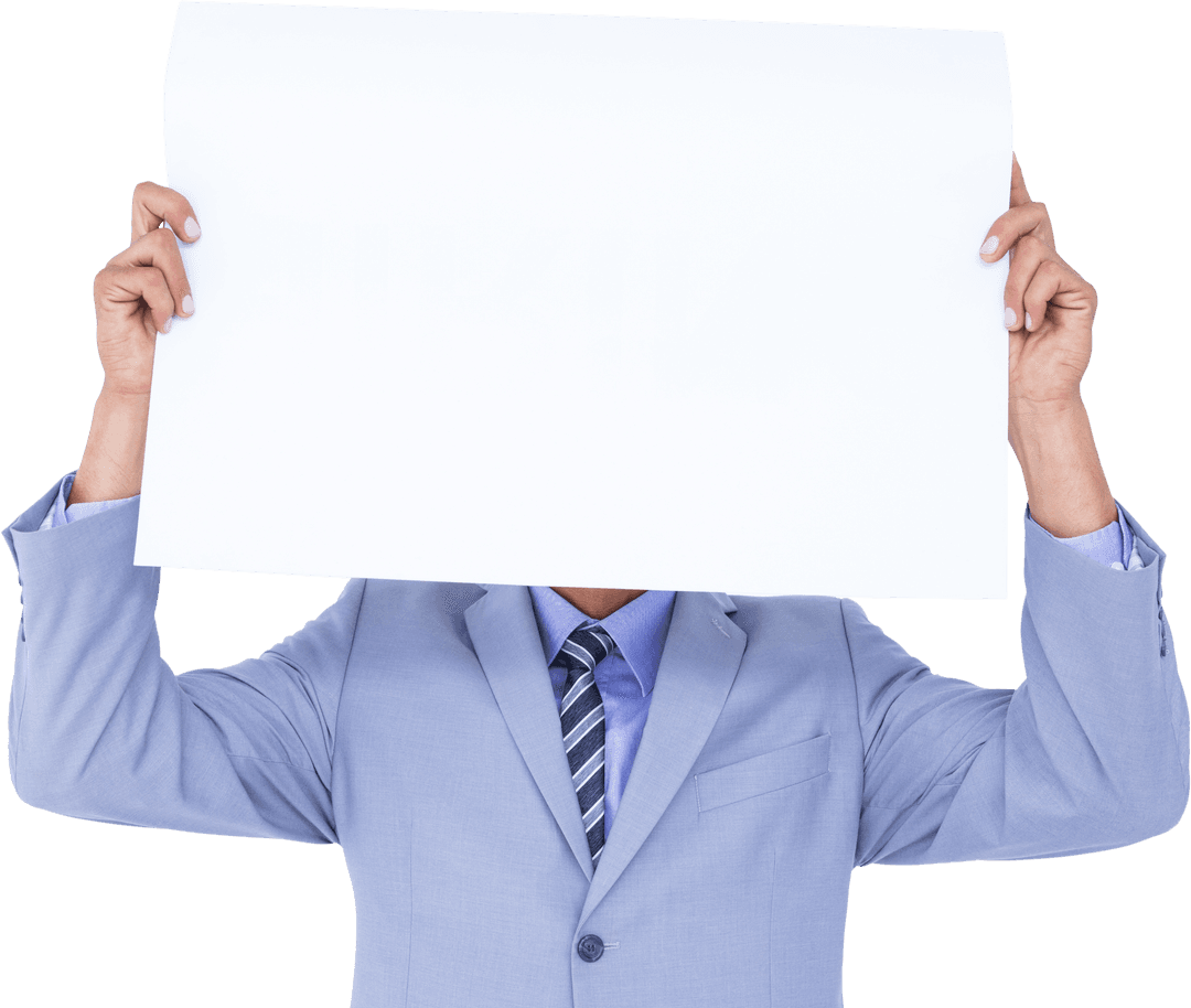 Businessman Holding Transparent Blank Panel for Message Space