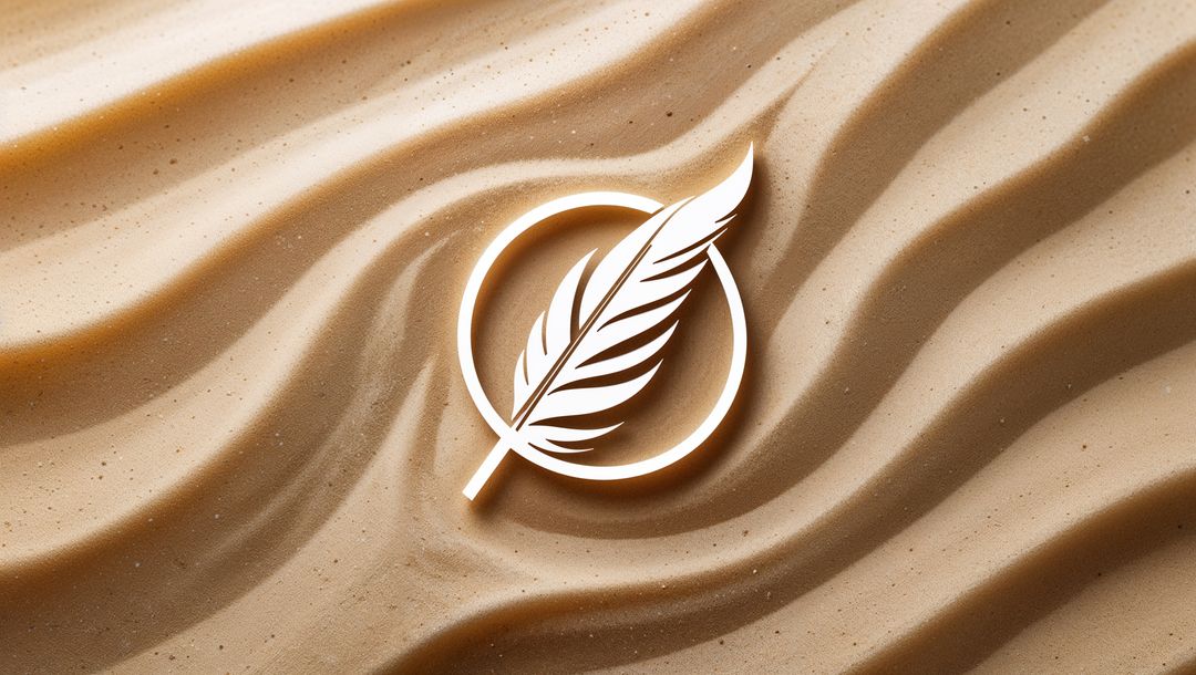 White Feather Icon Floating Over Rippled Beige Surface