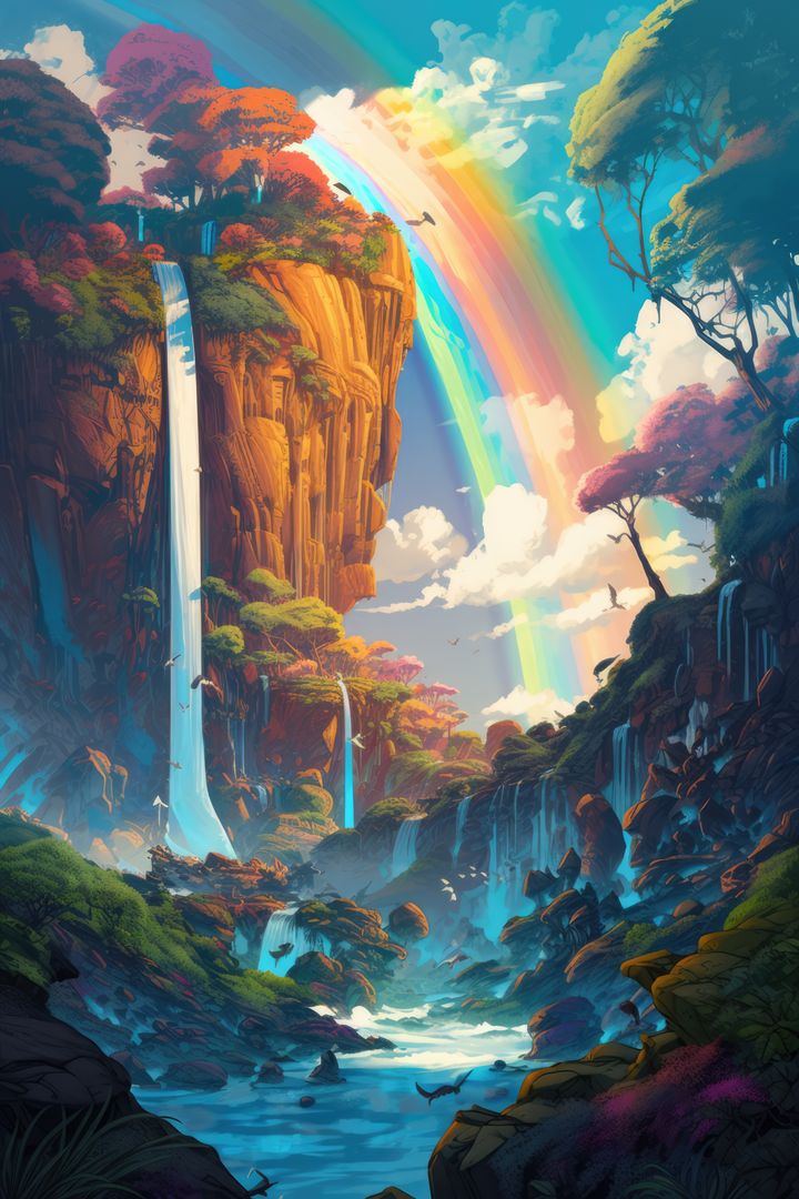 Fantasy landscape with rainbow, waterfalls and mountains created using generative ai technology - Free Images, Stock Photos and Pictures on Pikwizard.com