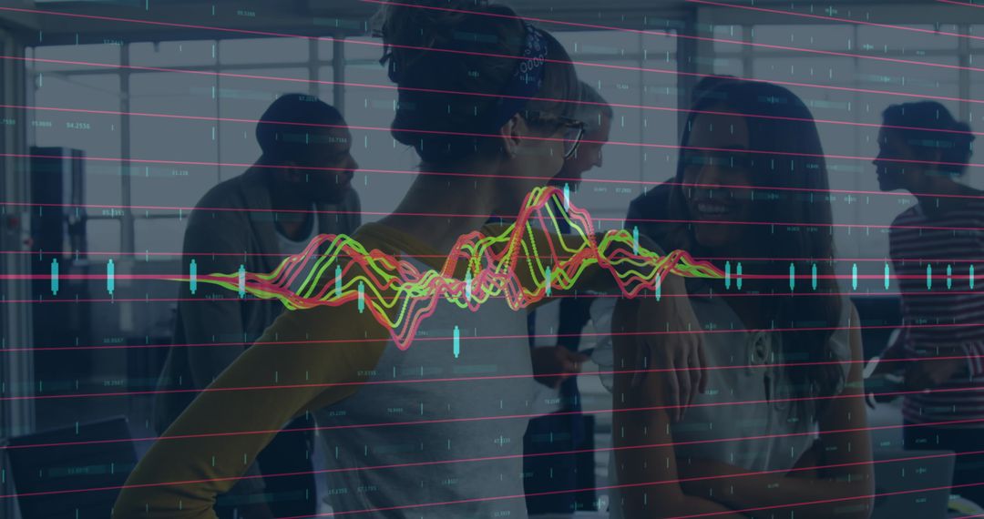 Abstract Financial Data Overlaying Diverse Office Team Collaboration