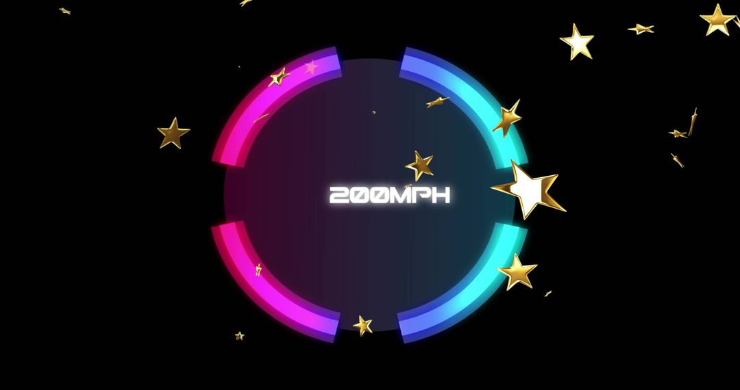 Neon HUD Speed Gauge 200MPH with Magenta Cyan Arc Rings and Floating Gold Stars