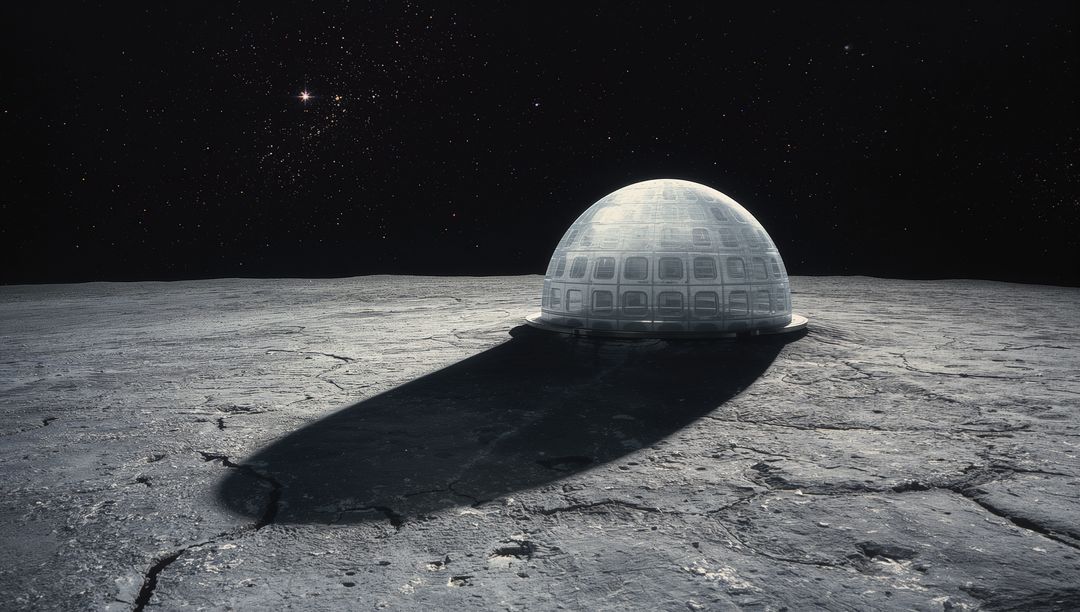 Futuristic Lunar Dome Outpost Casting Long Shadow on Cratered Plain