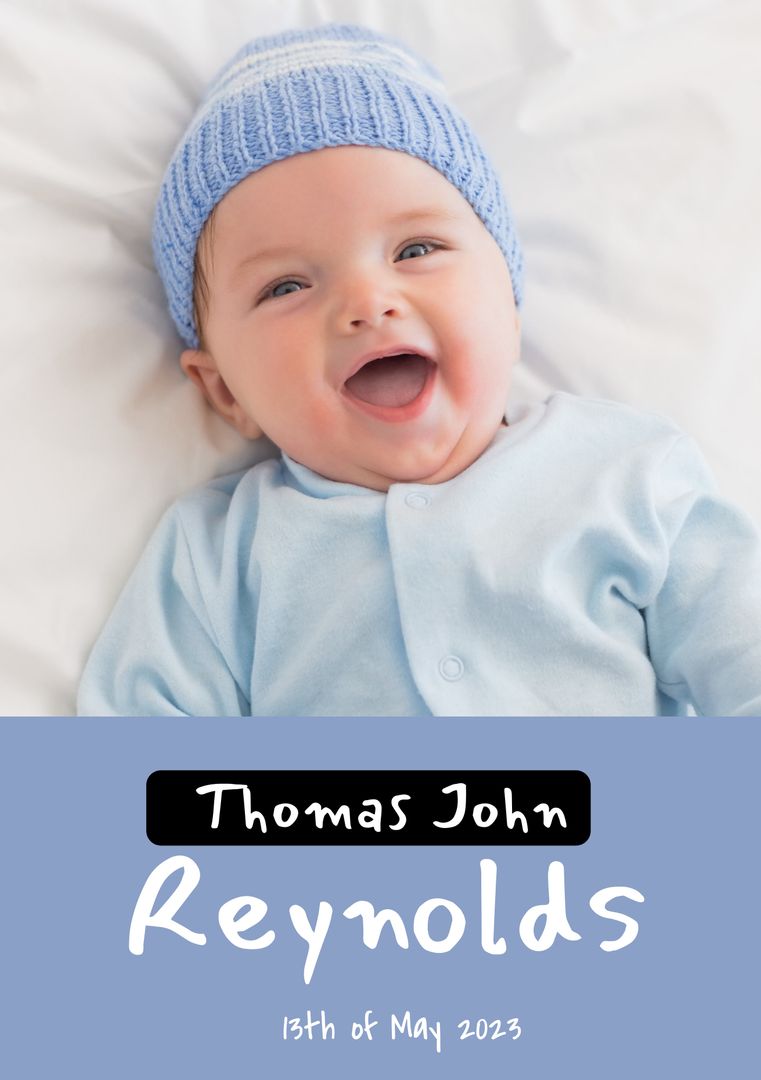 Newborn Baby Smiling in Blue Onesie with Birth Announcement Text Overlay - Download Free Stock Templates Pikwizard.com