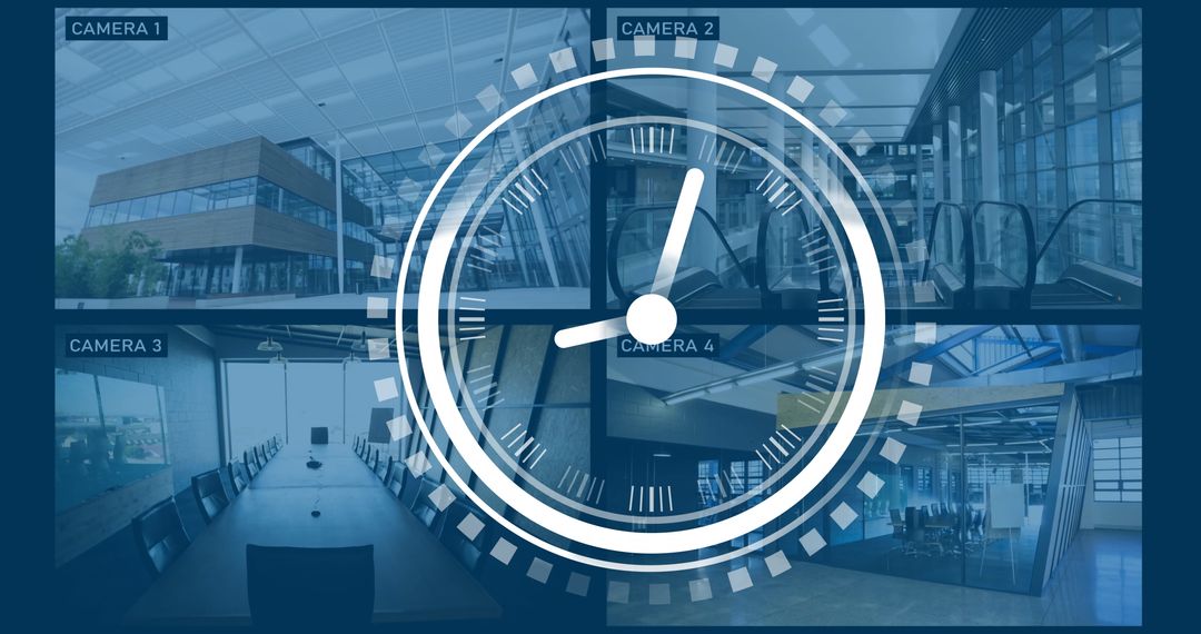 Modern Office Security Surveillance Dashboard with Time Overlay