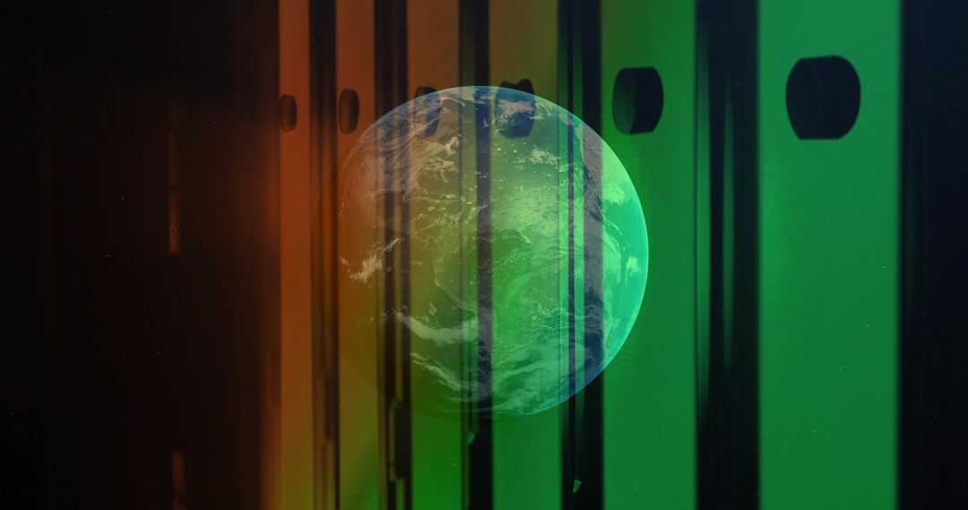 Earth globe floating through vertical color digital stripes with film grain and vignette