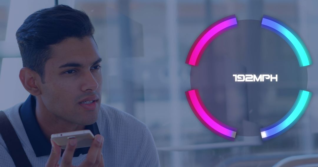 Businessman Conversing on Smartphone with Futuristic Speedometer Graphics