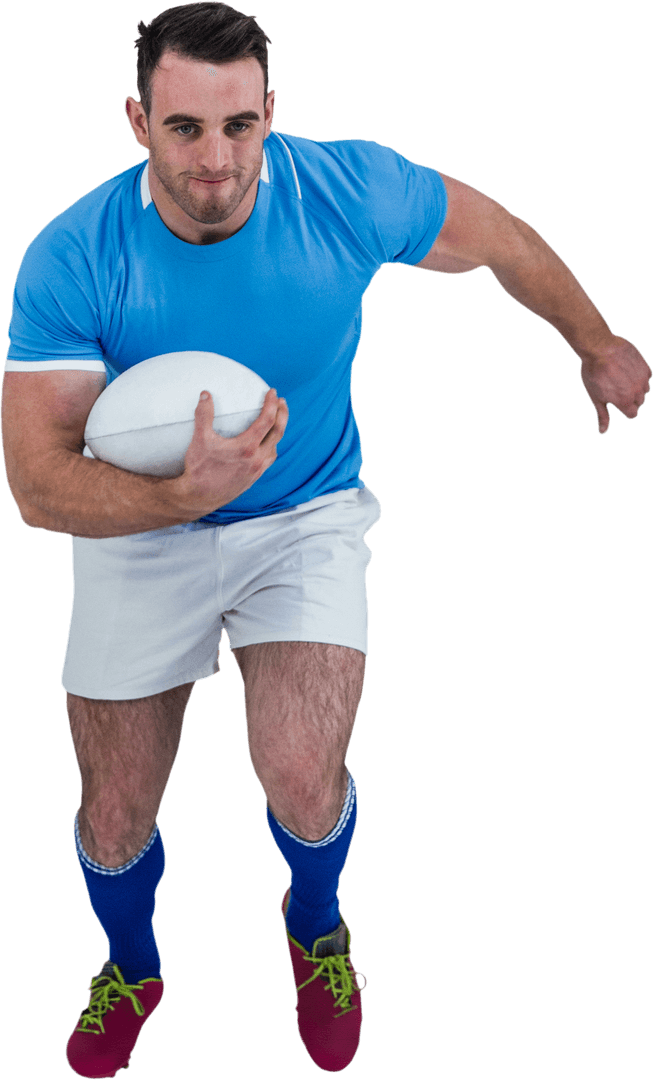 Dynamic Rugby Player with Ball on Transparent Background