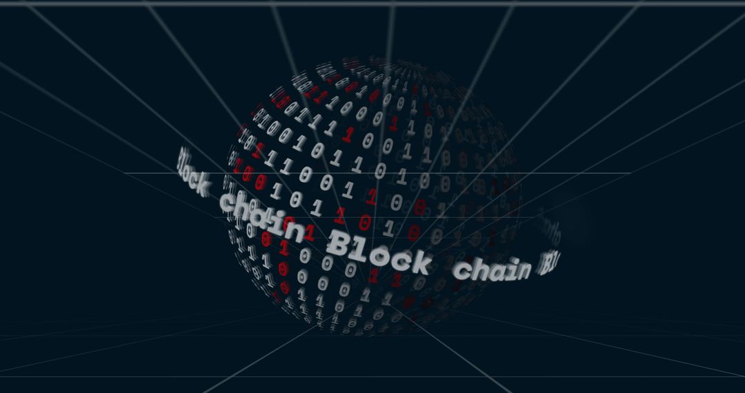 Rotating Binary Globe Orbiting Blockchain Text Ring on Neon Data Grid