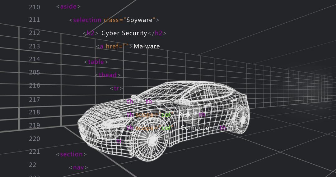 Futuristic Wireframe Car Model with Cybersecurity Elements