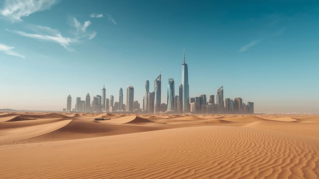 Futuristic Skyline Rising Above Expansive Desert Dunes