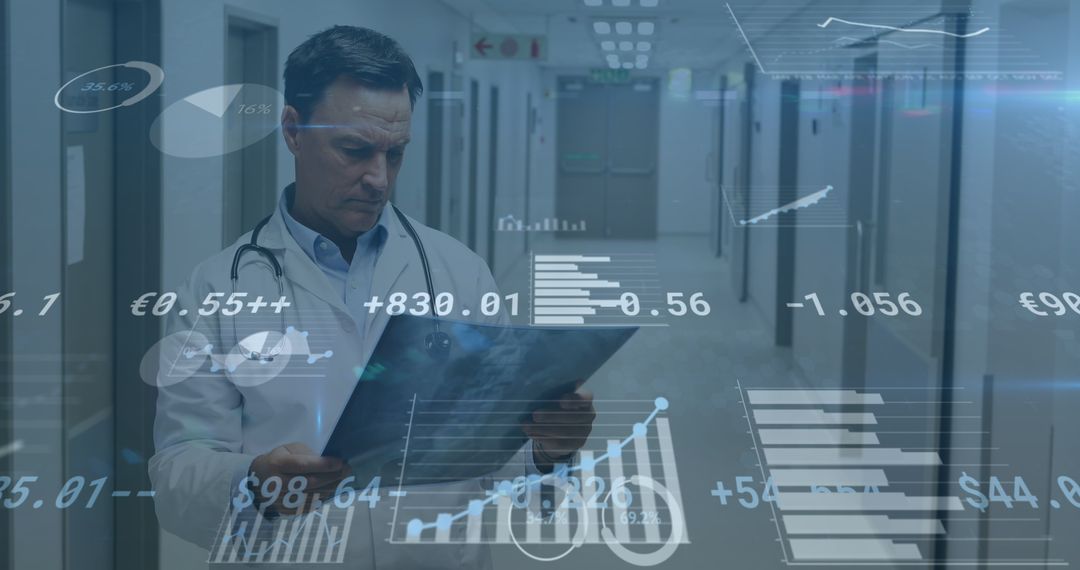 Doctor Analyzing Healthcare Financial Data with Digital Interface