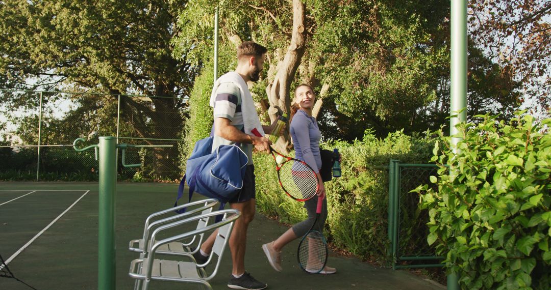 Couple Carrying Tennis Gear on Outdoor Court - Free Images, Stock Photos and Pictures on Pikwizard.com